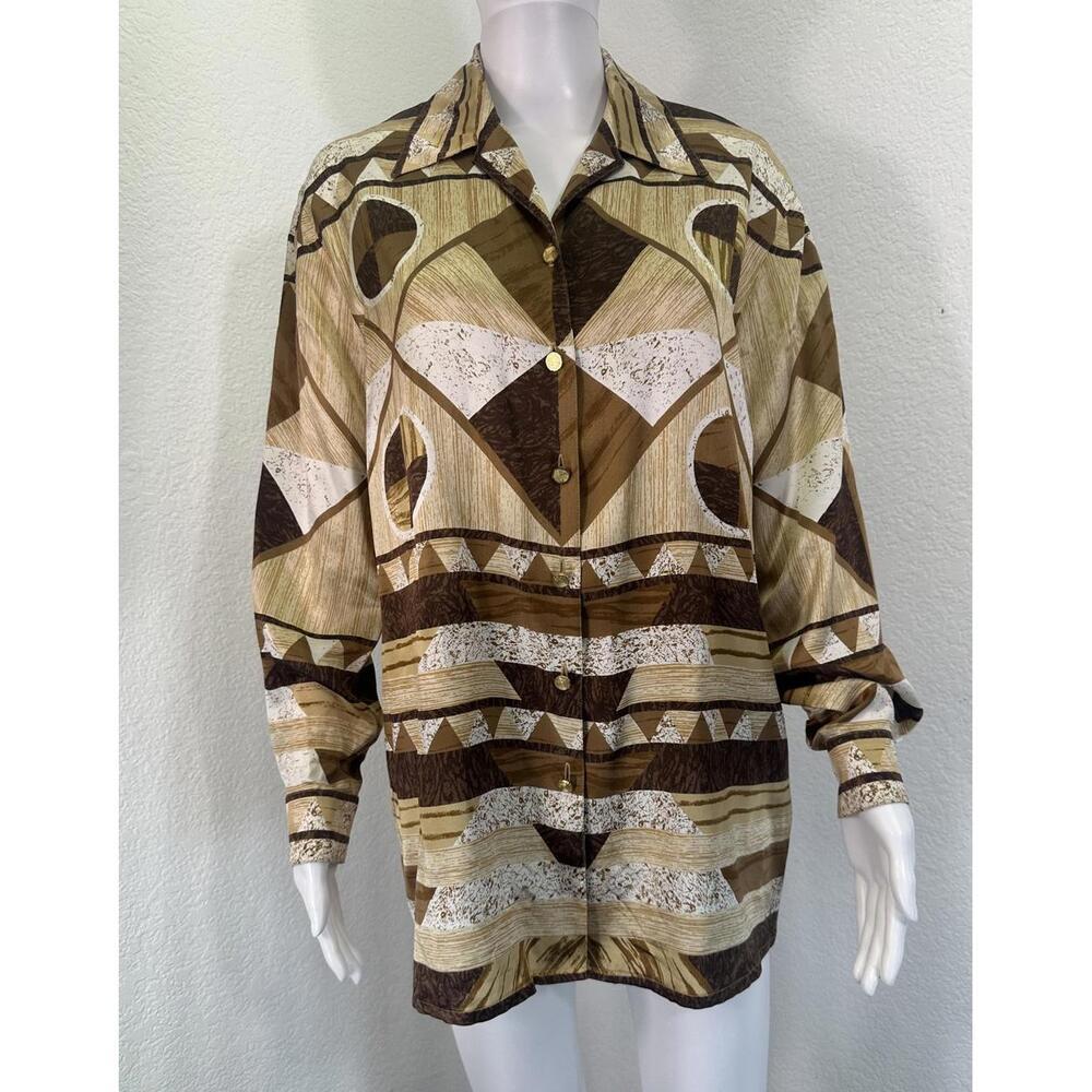 VTG Sz 38 / US 8 Escada Margaretha Ley Silk Brown Tan Geometric Shirt